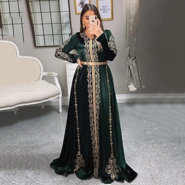 

Green Embroidery Moroccan Caftan Dress Long Sleeve Islamic Dubai Saudi Arabic Formal Evening Dress Abaya Prom Dress
