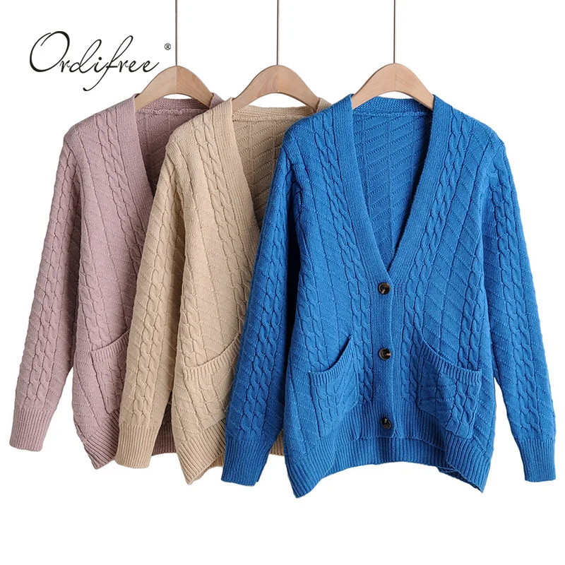 

Ordifree 2019 Autumn Winter Women Knitted Cardigan Casual Jumper Loose Plain Female Sweater Cardigan