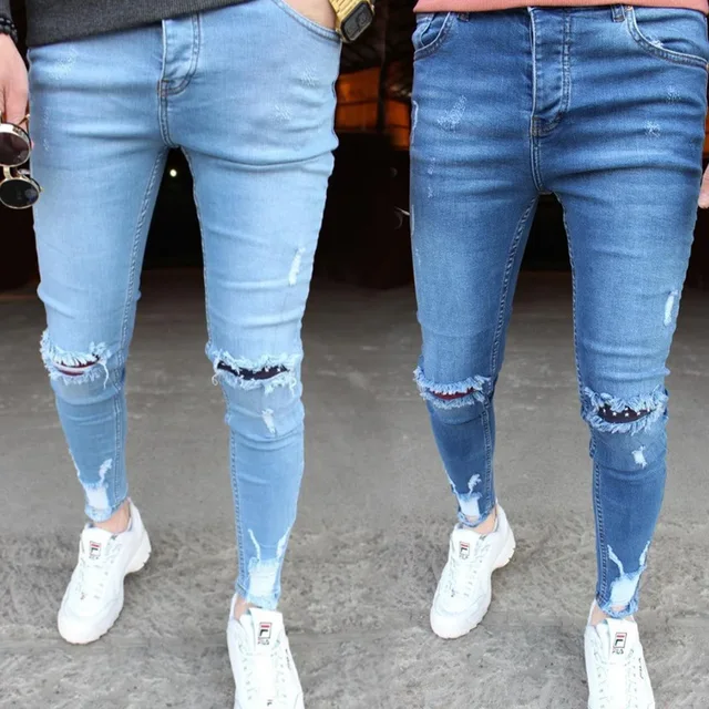 New Men's Jeans Slim Pants Holes Denim Casual Trousers Trend Skinny Jeans for Men Fashion Pencil Pants  Men Clothing 1