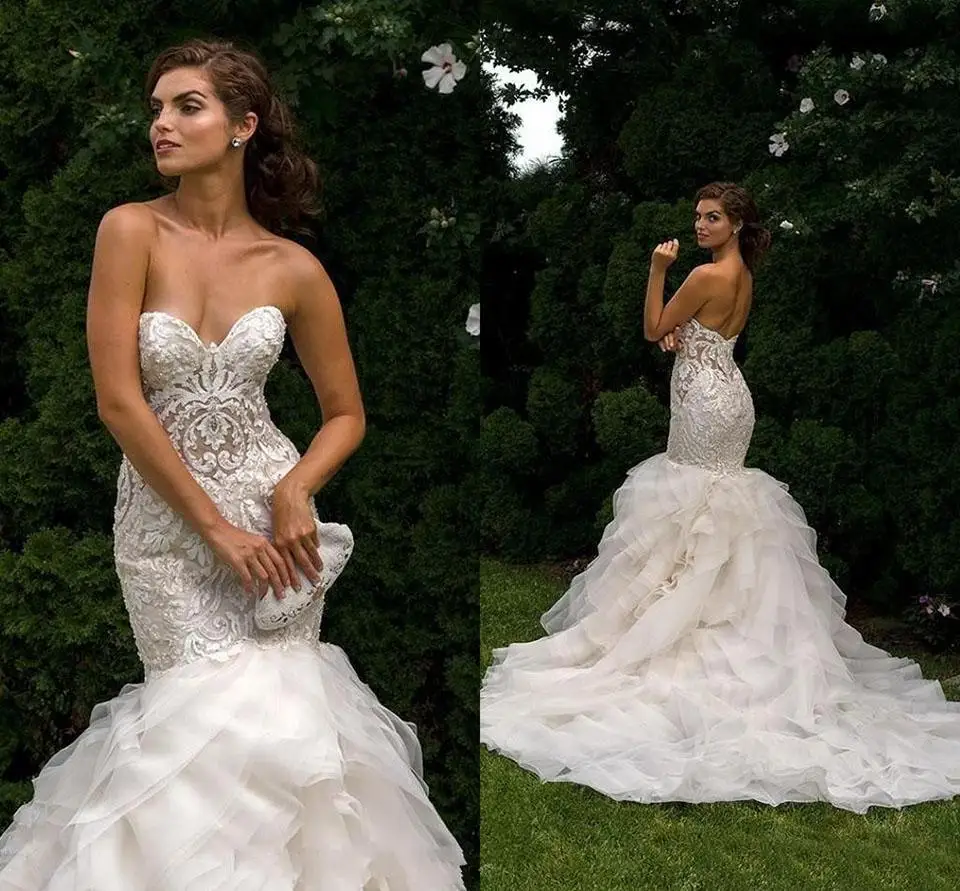 

Mermaid Wedding Dresses Sweetheart Lace Appliques Illusion Beaded Court Train Ruffles Tiered Plus Size Formal Bridal Dress Wed