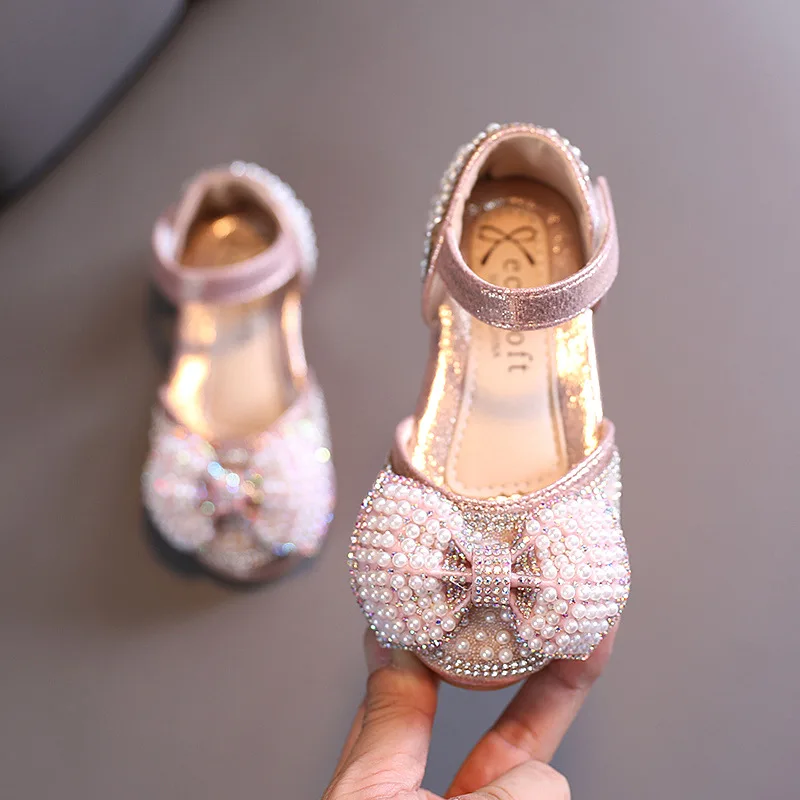 Girls Kids Shoes Rhinestone Butterfly Pearls Princess Shoes Wedding Party Dance
