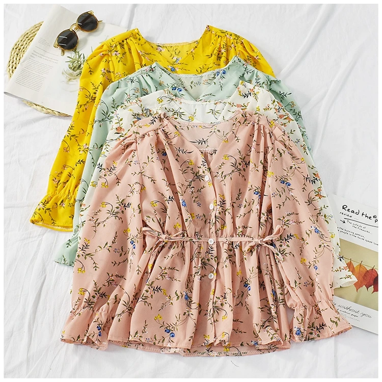 

women bohemian shirt 2019 mori girls autumn spring South Korea fresh boho long sleeve v neck white black printed blouse tops