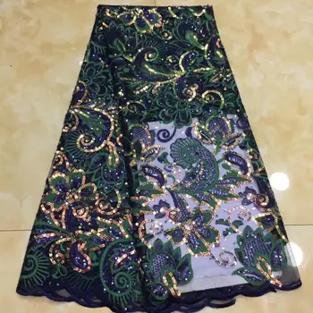 

(5yards/pc) high quality African French net lace fabric in navy blue and green with wonderful embroidery and sequins FZX011