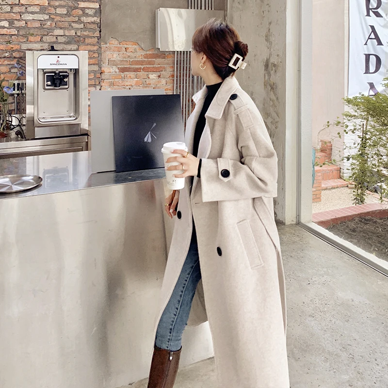 

Winter Women Thickened Over The Knee Western-Style Waisted Woolen Coat