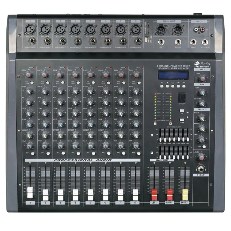 

Professional 8 channel stage dj sound system mixer console with audio amplifier PMX808D