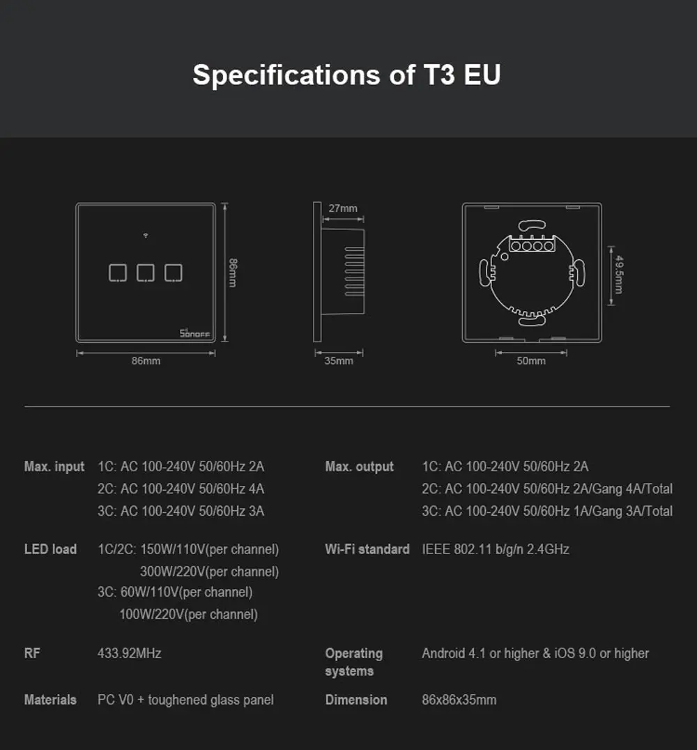 Sonoff T3 ЕС умный Wifi переключатель черный, приложение Ewelink 433 RF пульт дистанционного управления, работает с Alexa Google Home умный дом