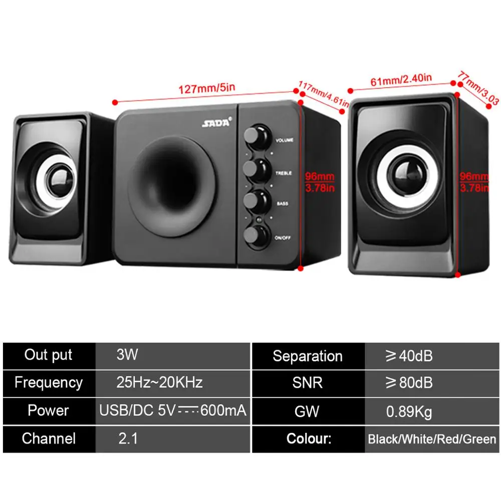 SADA D-205 Newest Full Range 3D Stereo Subwoofer 100% Bass PC Speaker Portable Music DJ USB Computer Speakers for Laptop TV