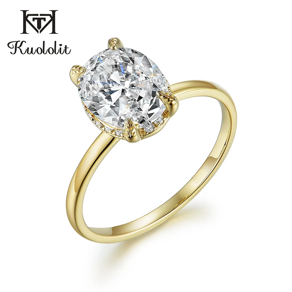 Женское кольцо Kuololit Oval 8x10 Moissanite однотонное из желтого золота 10 к D цвет синий