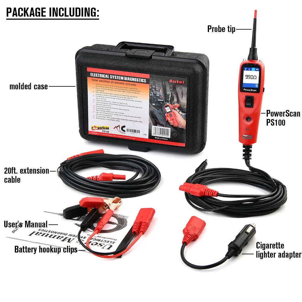 Autel PowerScan PS100 Car Electrical Circuit AVOmeter Tester 12V/24V Power Probe Kit Automotive System Battery Diagnostic Tool