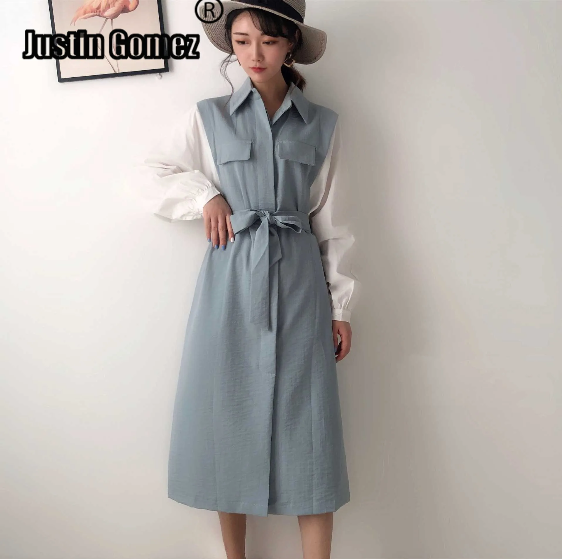 

OL Midi Soft Comfortable Autumn Dress Women Elegant Office Ladies Button Trench Dress High Street Long Sleeve Dress With Belt