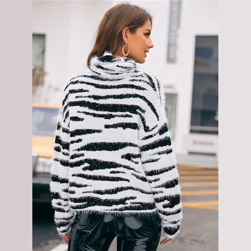 COLROVIE пушистый вязаный свитер с высоким воротом и рисунком зебры для женщин зимние Гламурные пуловеры с длинным рукавом высокие уличные свитера
