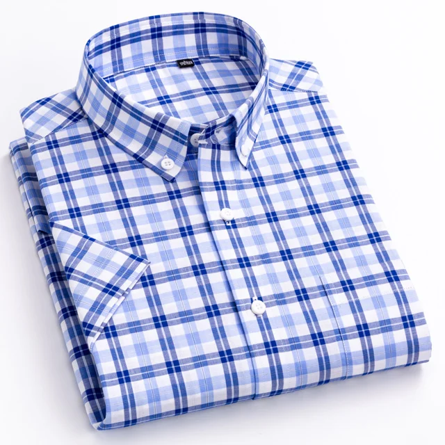 

Мужская рубашка в клетку/в полоску, Повседневная тонкая рубашка из мягкого хлопка с короткими рукавами, с воротником на пуговицах, приталенный силуэт, лето 2019