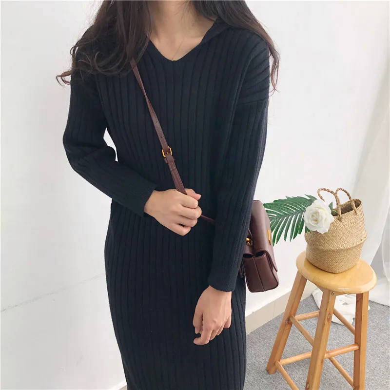 

Quality Hooded Wool Dress 2019 New Autumn And Winter Base Warm Sweater Dress Long Skirts