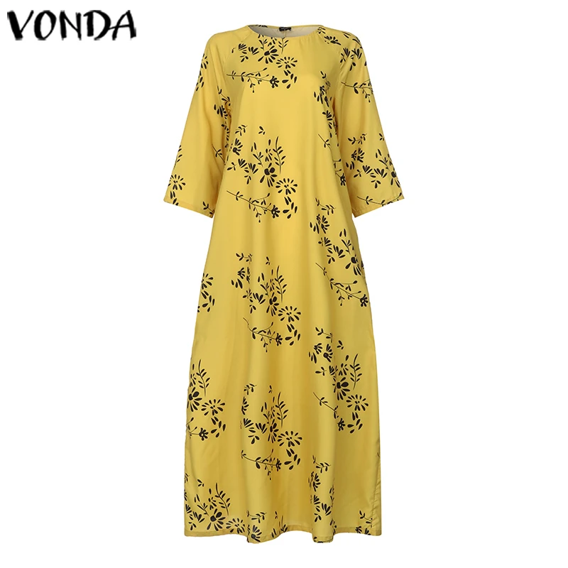VONDA/женское осеннее платье с длинным рукавом и цветочным принтом, макси платье, летнее пляжное платье, повседневные свободные вечерние платья, большие размеры
