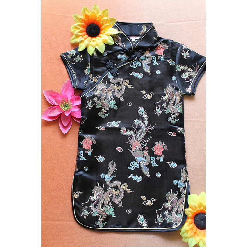 Chinese Traditional Costumes Princess Girls Dress Cheongsams Hanfu Tight Dragon&Phoenix Floral Kids Girls Kimono Satin Dress
