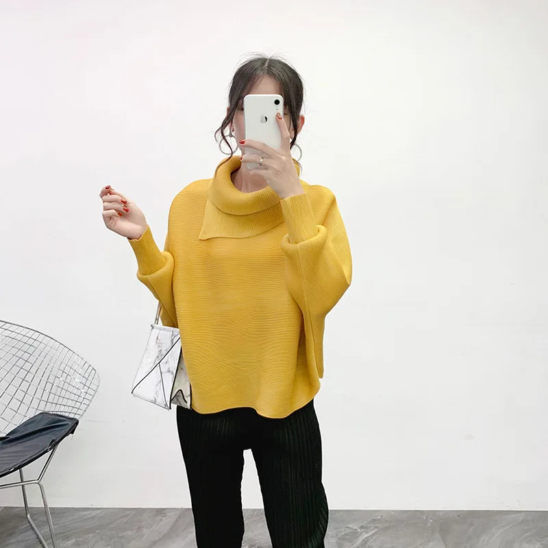 New Winter Plus Size Women Tshirt Solid Turn-down Collar Long Sleeves Bottoming Miyake Pleats Casual Loose Ladies Hoodies - Цвет: Ginger yellow