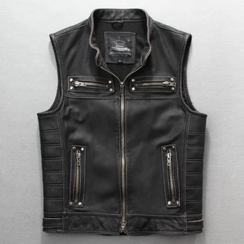 

Men's rivet motorcycle vest genuine leather black jacket with sleeveless designer vintage pocket biker coat for male large size