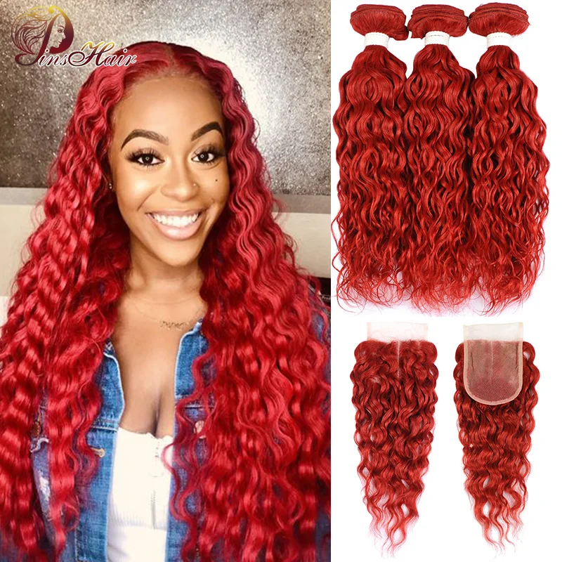 

Brazilian Water Wave Red Bundles With Closure Burgundy Red Human Hair Weave Colored Bundles With Closure 99J Pinshair Remy Hair