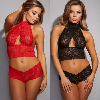 

Sexy Women Halter Transparent Lace Bra Set Deep V Ultra-thin Bra Boxers Set Unlined Women Underwear Sets