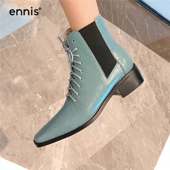 

ENNIS Genuine Leather Boots Women Chelsea Square Heel Blue Boots Square Toe Lace Up Boots Side Elastic Shoes Beige Fashion A0243