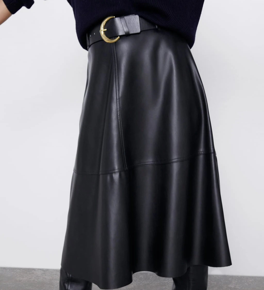 Monarchess Statement Za New Autumn Winter Skirt Fashion High Waist Belt Imitation Leather A Skirt Plus Velvet Women Clothes