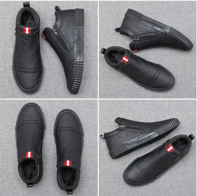 full black Красивые Зимние ботинки; Новинка; модные мужские ботинки на молнии с мехом; Плюшевые Теплые кожаные ботинки; мужские трендовые полуботинки; повседневная обувь; мужская теплая обувь - Цвет: full black