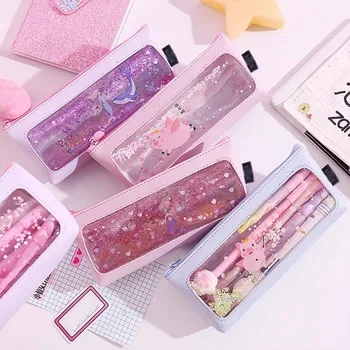 

1Pc Kawaii Pencil Case Mermaid Pig Quicksand Oil PVC Estuches School Pencil Box Pencilcase Pencil Bag School Supplies Stationery
