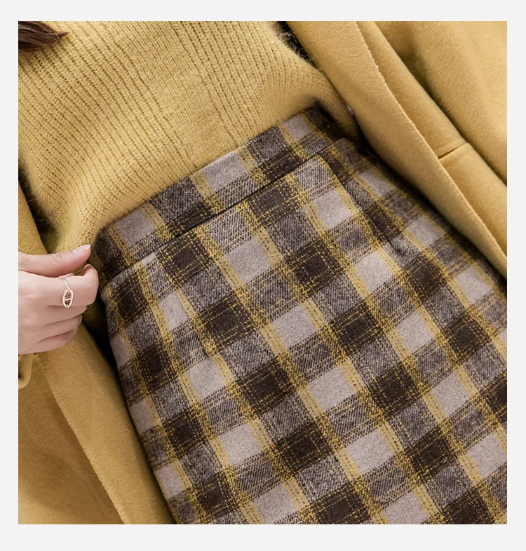 Office Lady Autumn Winter Elegant Warm Wool Midi Skirt Korea Style Women Plaid Casual Hight Waist Slim Back Slit Pencil Skirts