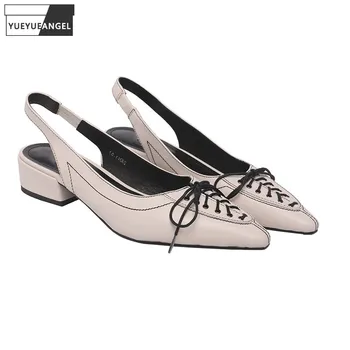 

2020 Female Leather Shoes Elegant Office Ladies Elastic Pointed Toe Slip-On Chunky Heel Sandal Designer Lace Up Summer Sandals