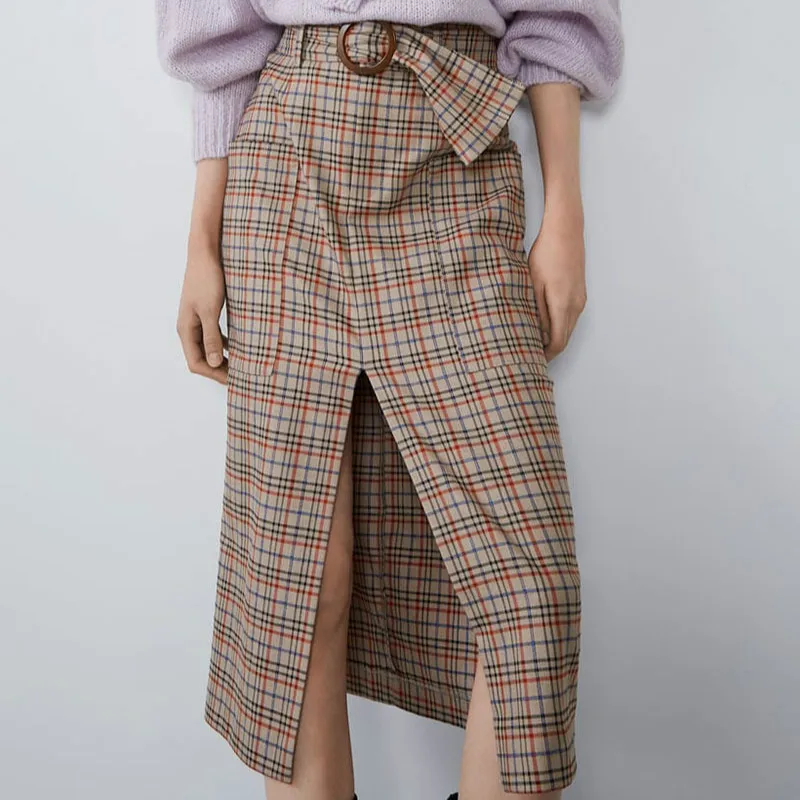 Модные европейские женские юбки средней длины, сексуальные, с разрезом, с принтом, в клетку, с поясом, дизайнерская юбка, Осень-зима, милая, шикарная, офисная юбка