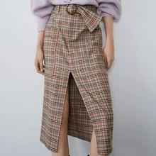 Модные европейские женские юбки средней длины, сексуальные, с разрезом, с принтом, в клетку, с поясом, дизайнерская юбка, Осень-зима, милая, шикарная, офисная юбка