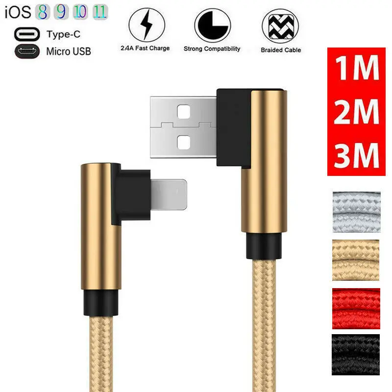 

Braided Elbow 90° USB Cable Micro USB Type-c IOS 2A Fast Charger For iPhone X 8 7 6S