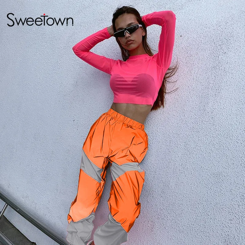 Sweetown/ осенние Популярные Лоскутные Светоотражающие повседневные штаны в полоску Женские повседневные Свободные мешковатые штаны женские брюки с высокой талией