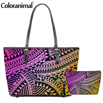 

Coloranimal Gradient Polynesian Designs Prints Women PU Crossbody Bag 2Pcs/Set Tote Shoulder Bag&Wallet Female Messenger Bolsa