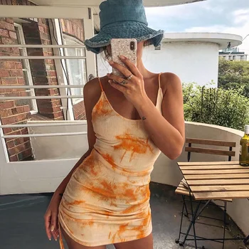 

Women Dress Tie Dye Bodycon Dresses Backless Side Drawstring Vestidos 2020 Ropa de Mujer Hip Package Fitness Backless Outfits