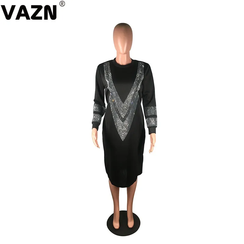 VAZN, новое платье для взрослого возраста, неопрятное, тяжелая индустрия, бриллианты, Сексуальная природа, Повседневная мода, скользит, длинный рукав, женское прямое платье миди