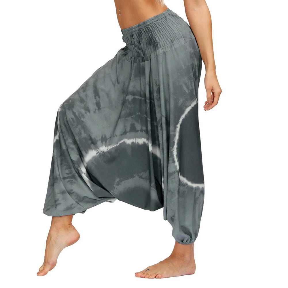 Womens Bohemian Yoga Pants Hippy Harem Smocked Waist Trousers Flowy