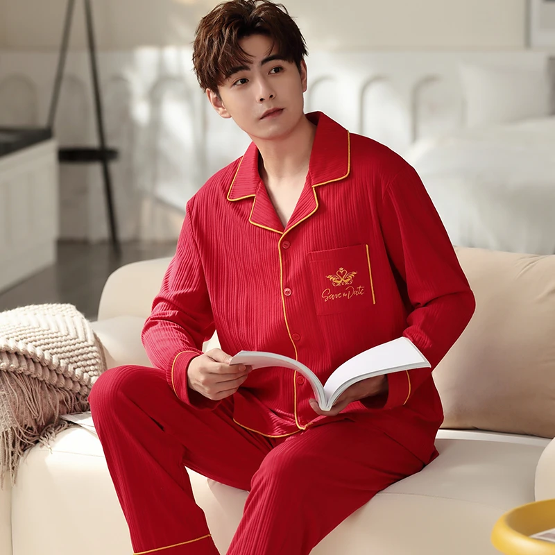 mens cotton pajama pants Winter Warm Thick Men Pajamas Oversized Casual Men Long Sleeve Homewear Red Turn-down Collar Sleepwear Elastic Waist Man Pajamas mens pjs set