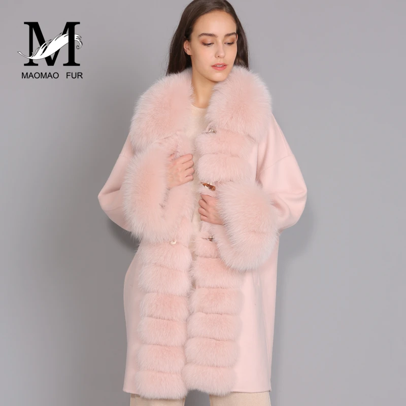 MAOMAOFUR кашемировое пальто Женская длинная стильная синяя Розовая Одежда с воротником из натурального меха лисы одежда в полоску Женская шерстяная куртка