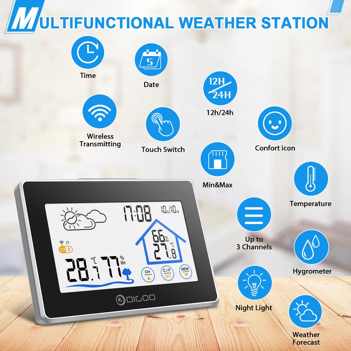 Цена Digoo DG TH8380, беспроводной термометр с сенсорным экраном, гигрометр, для помещений, метеостанция, для улицы, датчик погоды, часы, счетчик, календ...