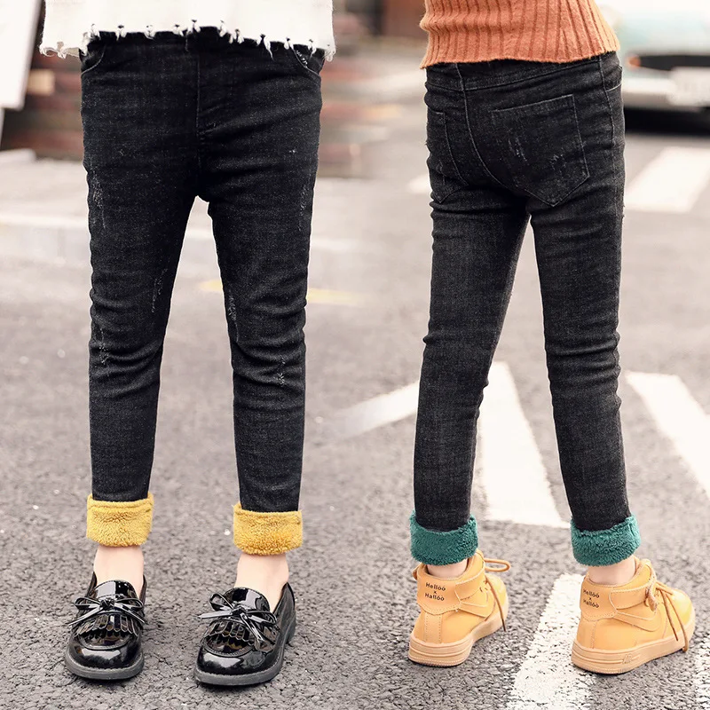 

Crawler 2019 Winter New Style Girls Baby Pants Children plus Velvet Jeans Big Boy Elasticity Thick Trousers