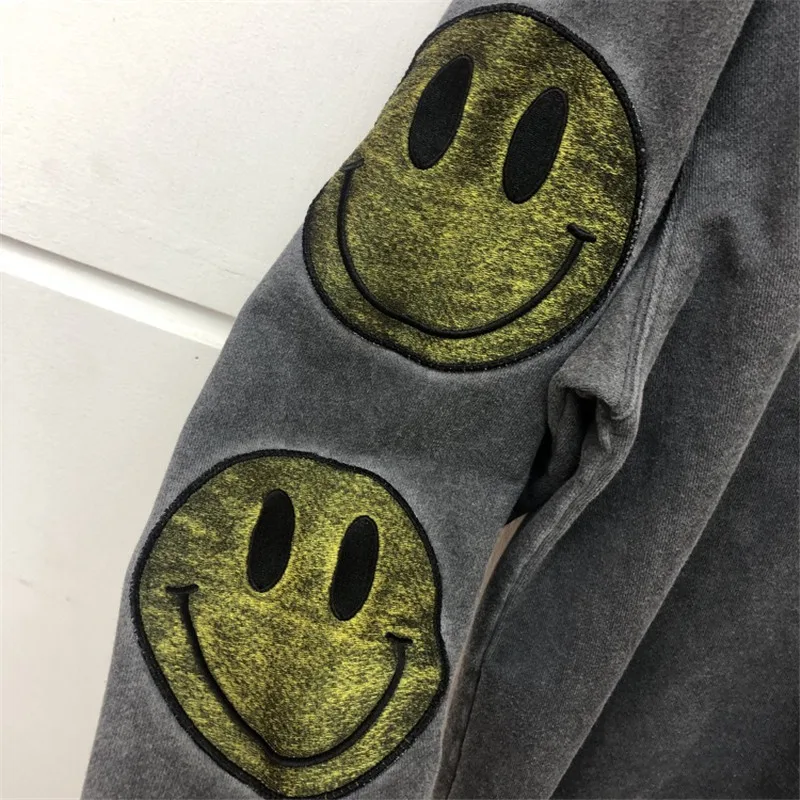 Smiley face Thick Washed Do Old embroider Sweatshirts Men Women Streetwear Thick Washed Do Old Hoodie Hooded