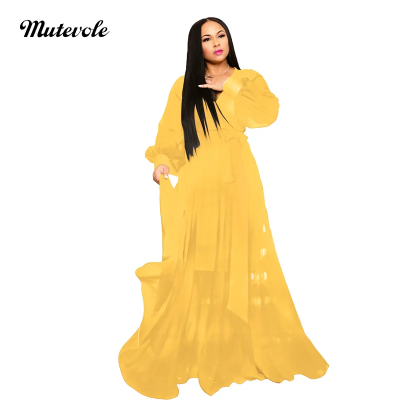 

Mutevole Elegant Full Sleeve Chiffon Dress Women Casual V Neck Solid Maxi Dress Fashion Autumn Bodycon Long Party Dress