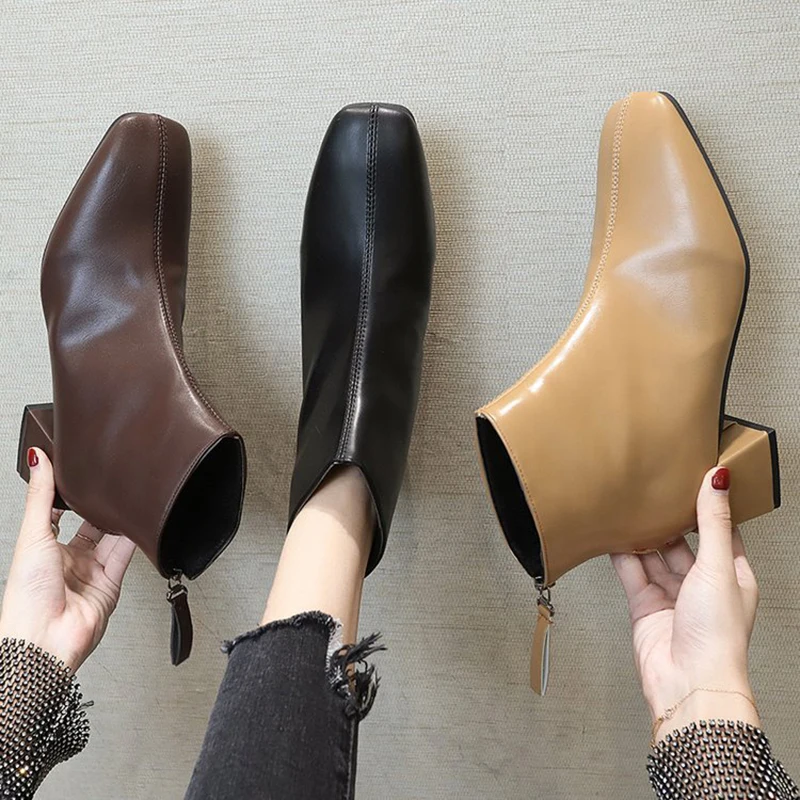 Ankle-Boots Fashion Shoes Comfortable Square-Heels Zipper Winter Women Plush Toe Warm