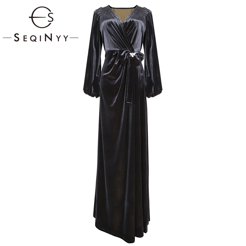 

SEQINYY Elegant Long Dress 2020 Autumn Winter New Fashion Design High Quality Women Draped Velvet Dress