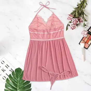 

Oversize 8XL Women Sexy Sleepdress Lace Lingerie Underwear Set Solid V Neck Mini Night Dress Ladies Sleepdress With Thong пижама