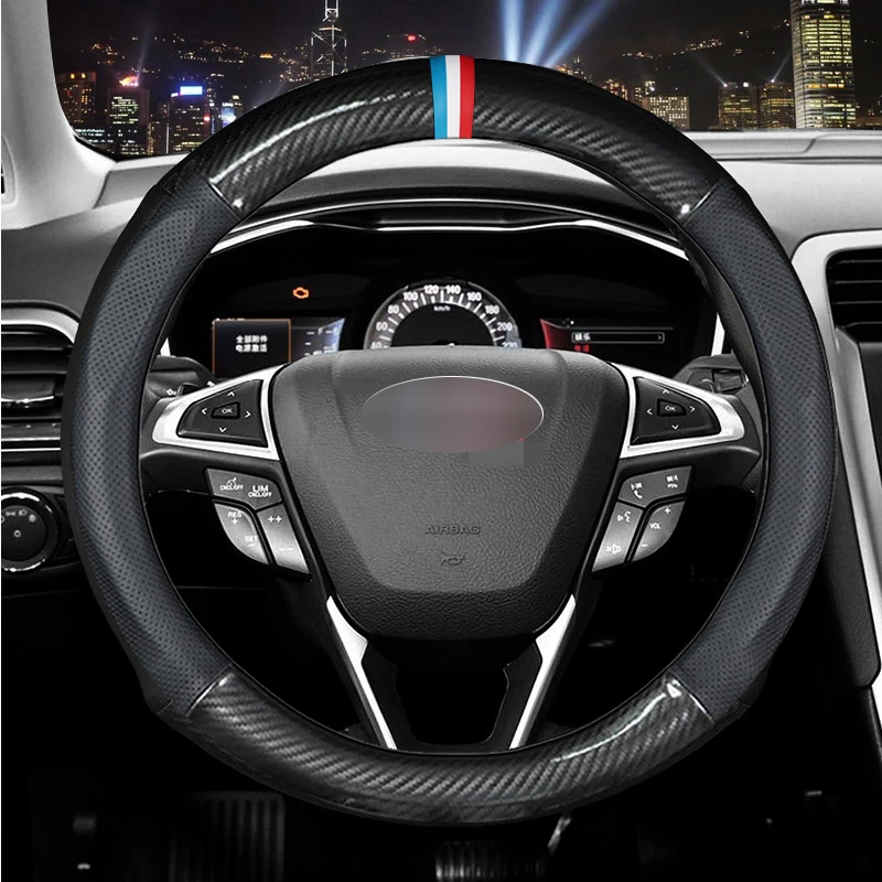 Midoon Carbon Fiber Cow Leather Car Steering Wheel Cover For Ford Focus