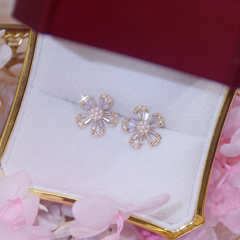 Ins Hot Sale Hollow Flower Petal Earrings for Women Exquisite Crystal Zirconia Stud Earring Wedding Jewelry Pendant for Bridal - Image 4