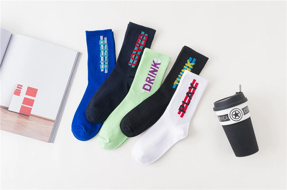 Women's Funny Words Loved Think Drink Sleep Play Lettered Striped Art Socks Couples Skateboard Hipster Street Dance Harajuku Sox