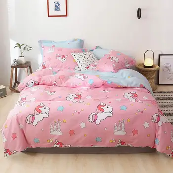 

2019 Pink Unicorn Castle Stars Duvet Cover Set High Count Cotton Bedlinens Twin Queen King Flat Sheet Fitted Sheet Bedding